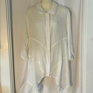 Pre-Owned Asymmetric White Button-Up 100% Linen Tunic No Odours Or Stains PTP 24